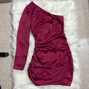 Lulu's Happy Hour Chic Magenta Satin Ruched One-Shoulder Mini Dress, Size XS